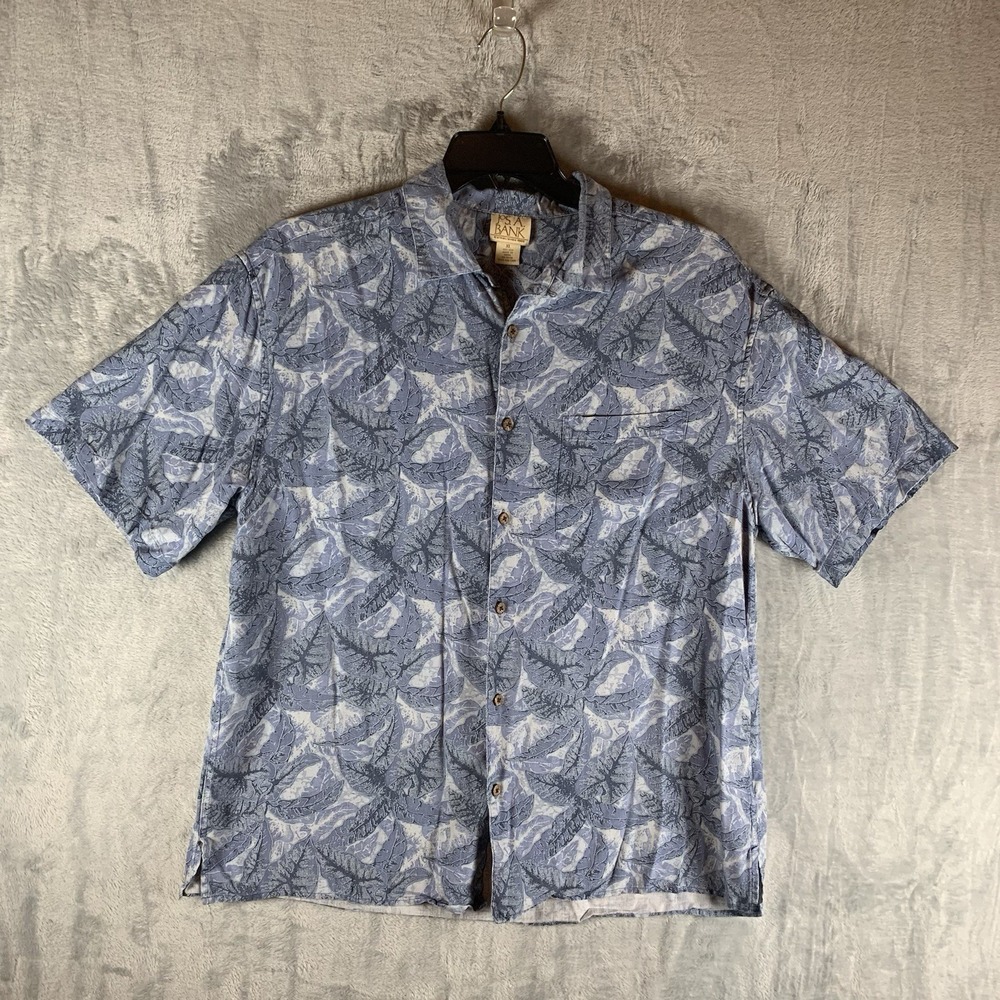 Jos A‎ Banks Mens 100% Silk Shirt XL Button Up Hawaiian Fern Print Blue Resort